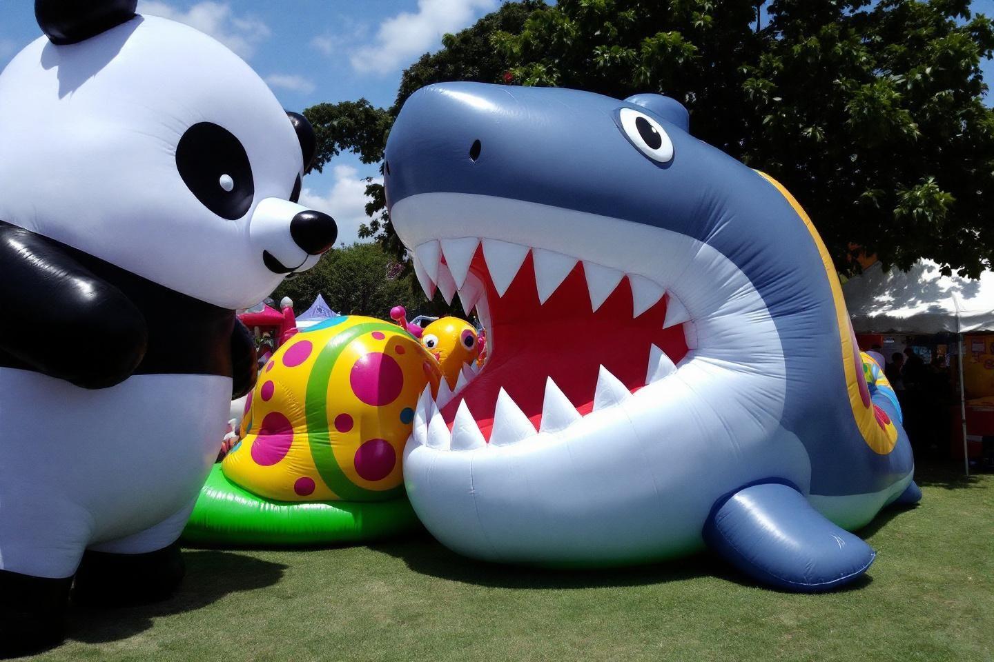 Panda, requin et objets color&eacute;s sur pelouse verte