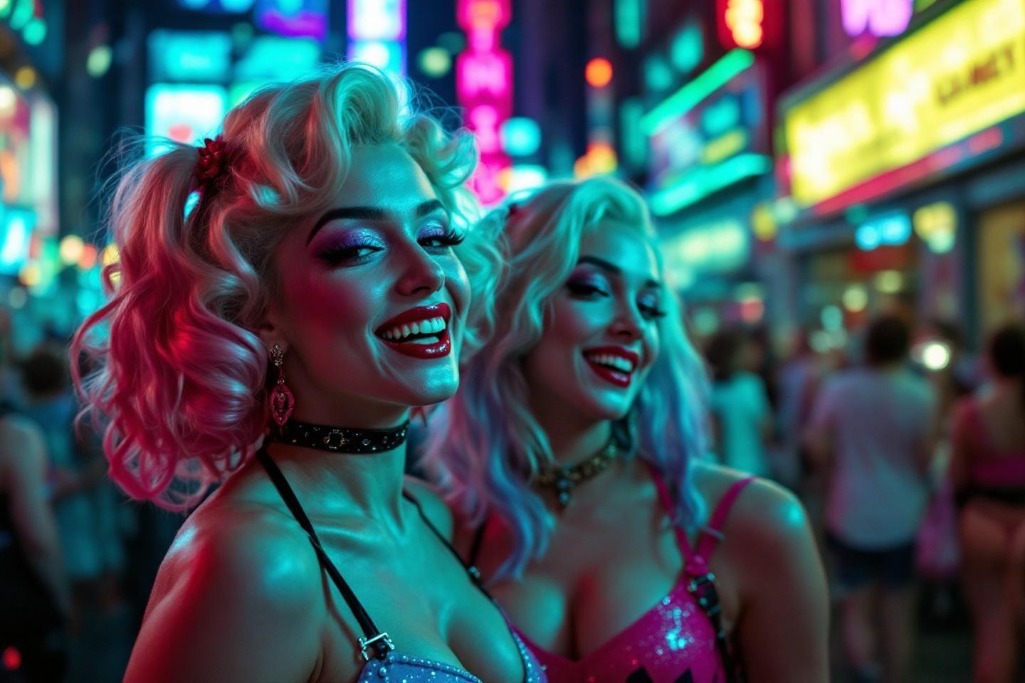 Deux femmes souriantes dans une rue lumineuse de nuit