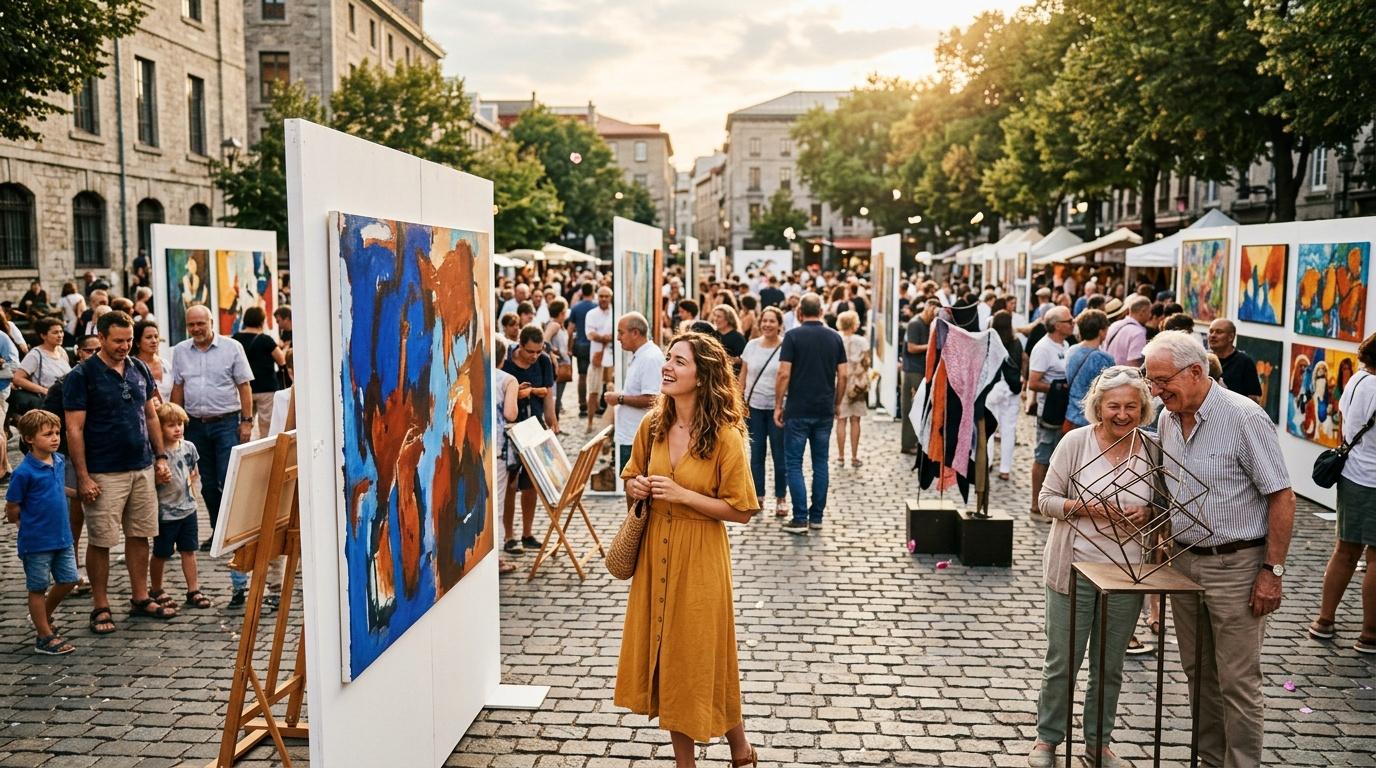 Foule visitant une exposition d'art en rue avec tableaux color&eacute;s