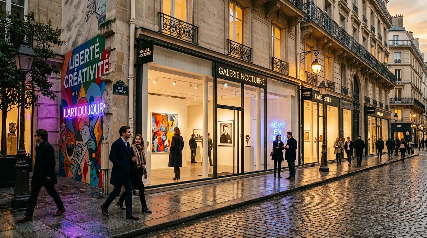 Rue parisienne avec galeries d'art illumin&eacute;es le soir