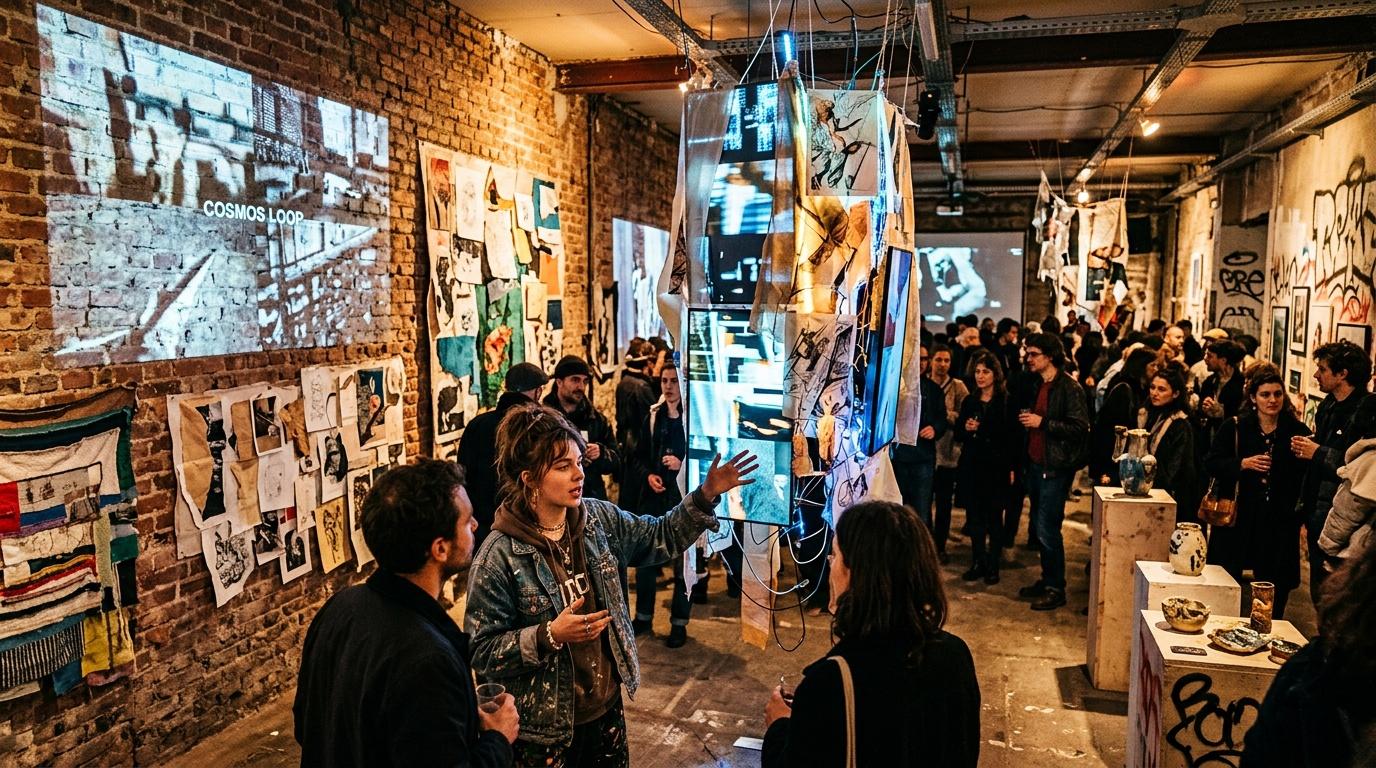 Galerie souterraine avec visiteurs observant installations artistiques murales