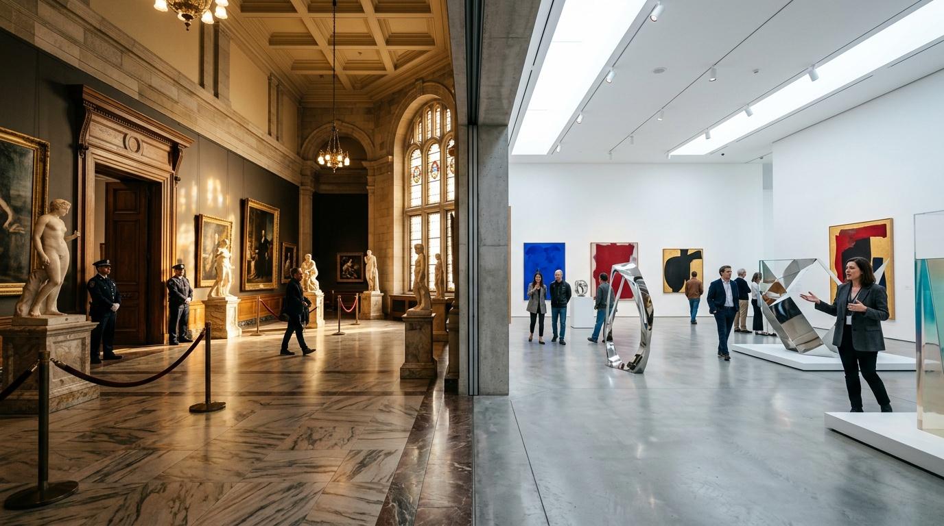 Galerie d'art montrant l'ancienne aile classique et la nouvelle aile contemporaine