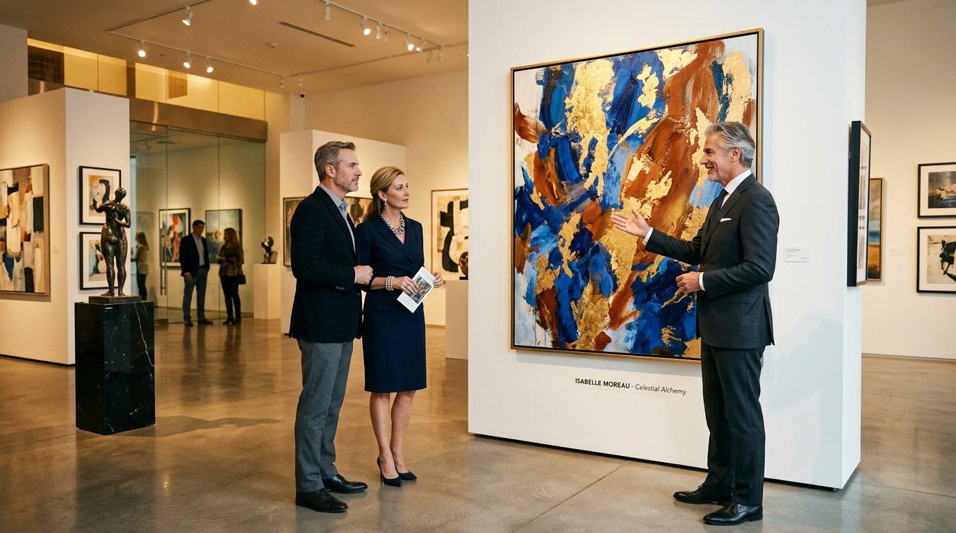 Deux visiteurs &eacute;coutent un guide expliquer une peinture abstraite.
