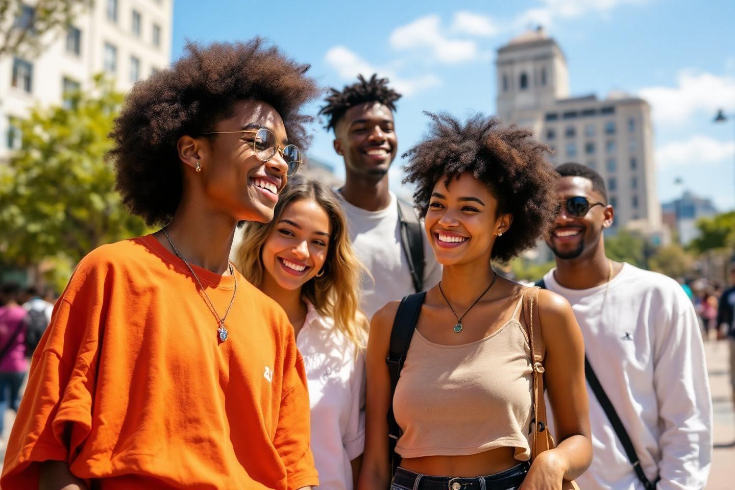 Groupe diversifi&eacute; de jeunes heureux dans un environnement urbain