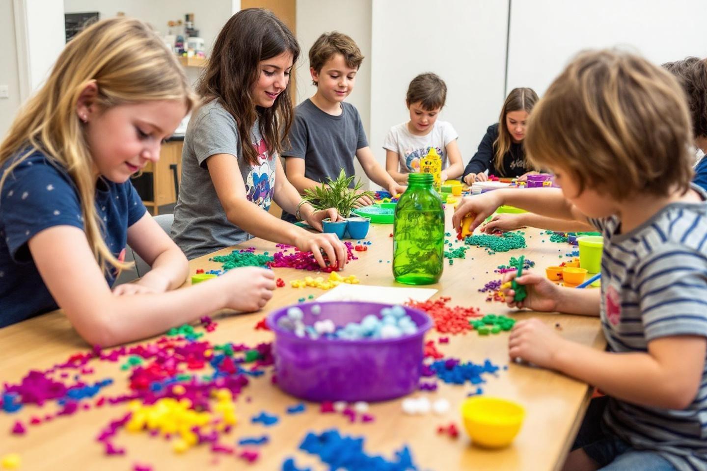 Groupe d'enfants travaillant ensemble avec des perles color&eacute;es