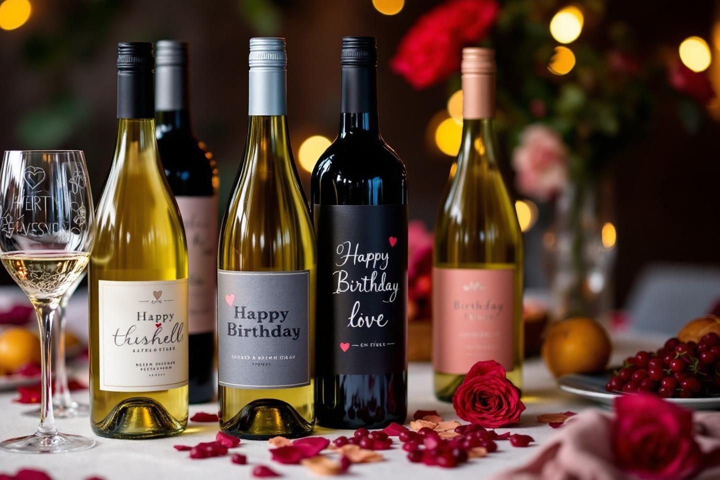 Bouteilles de vin avec &eacute;tiquettes joyeux anniversaire et roses rouges