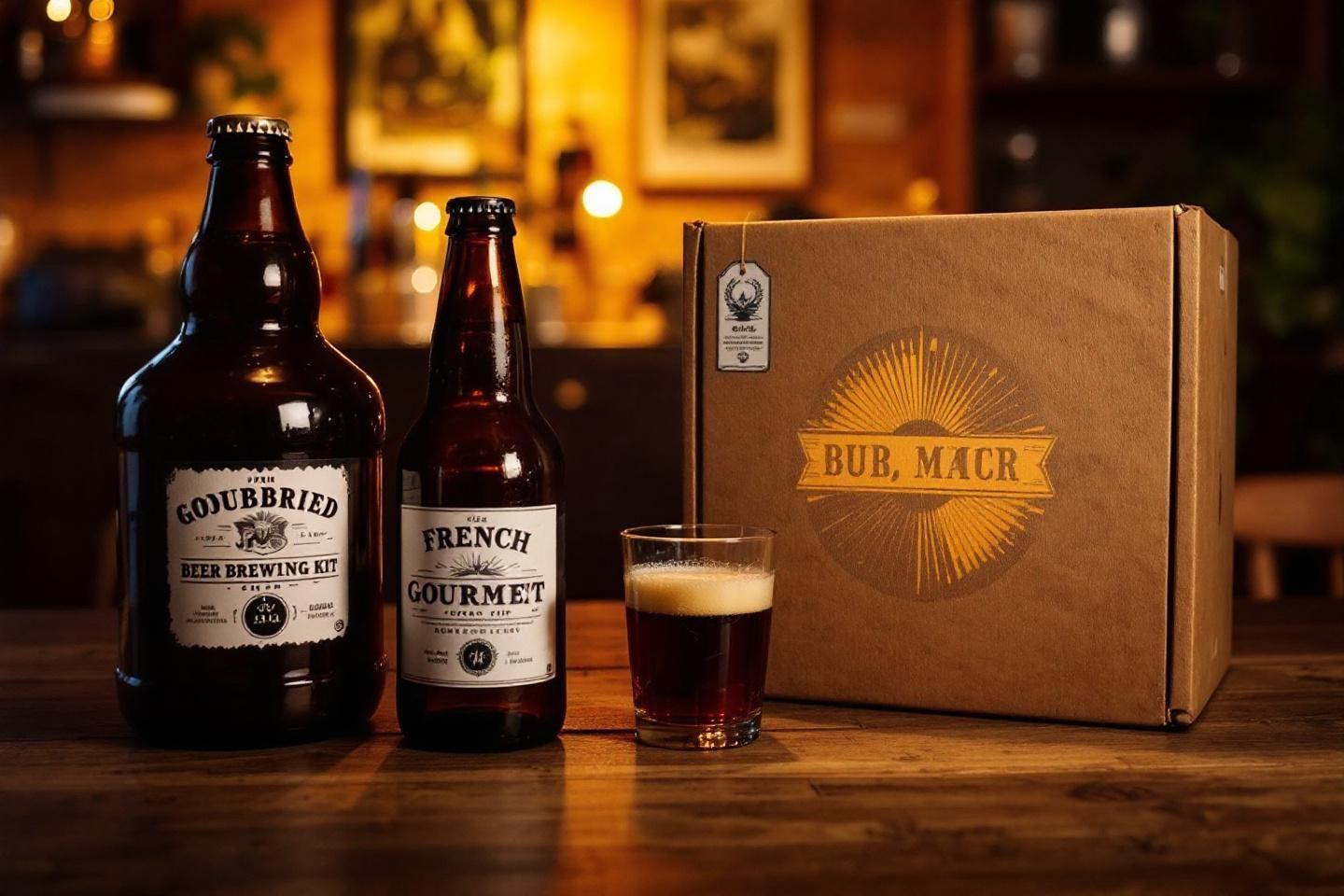 Bouteilles de bi&egrave;re, verre et bo&icirc;te sur un comptoir en bois