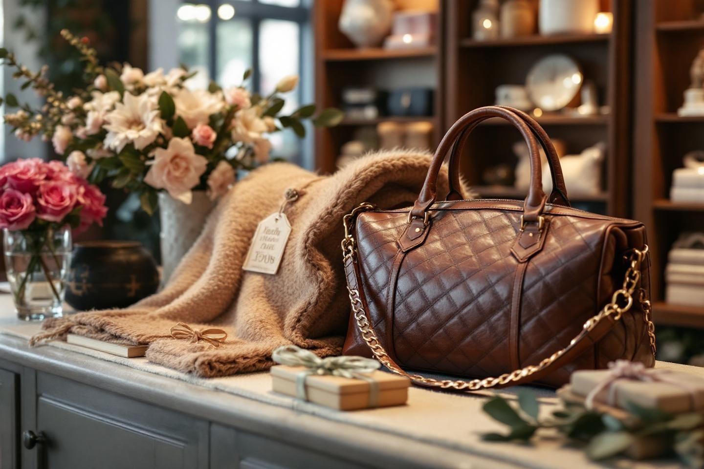 Sac en cuir marron, plaid beige et bouquets de roses