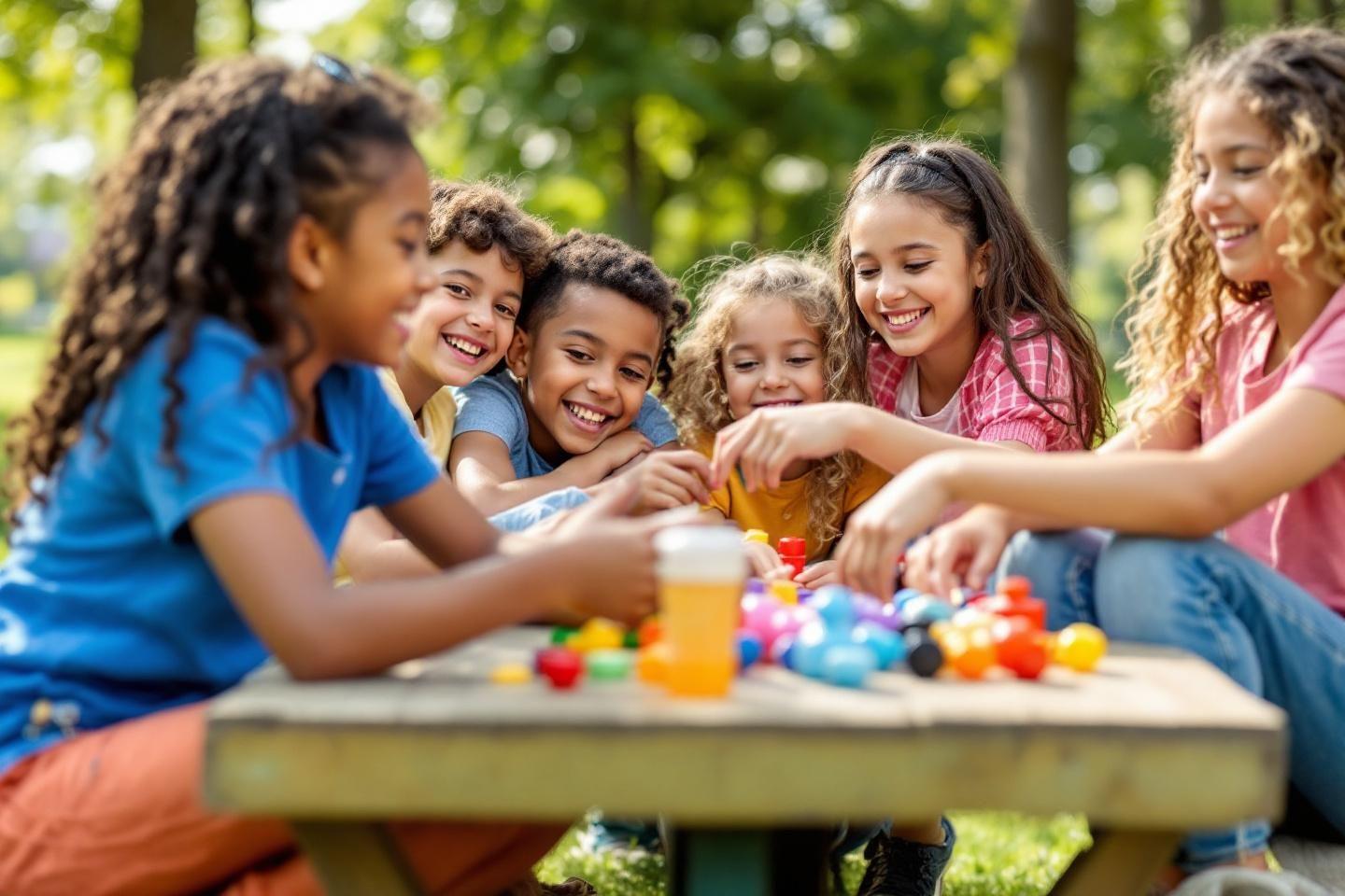 Groupe d'enfants souriant autour d'une table avec des jouets color&eacute;s