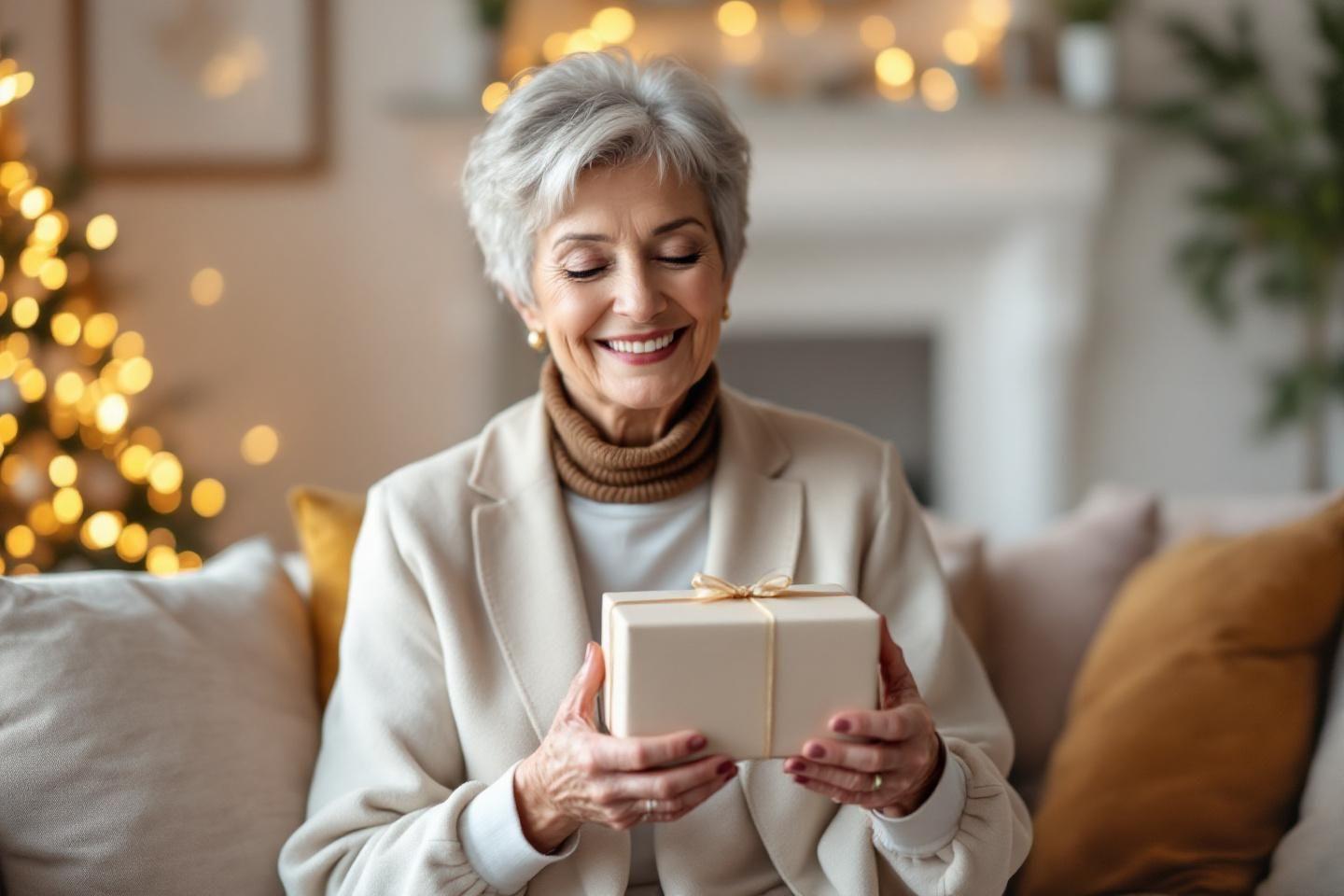 Femme &acirc;g&eacute;e souriante tenant un cadeau emball&eacute; pr&egrave;s d'un sapin