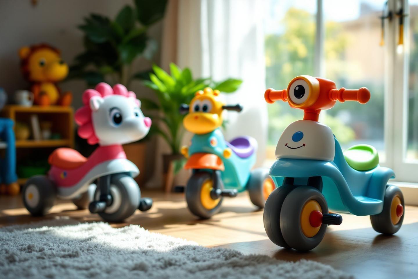 Trois tricycles jouets mignons sur un tapis pr&egrave;s de la fen&ecirc;tre