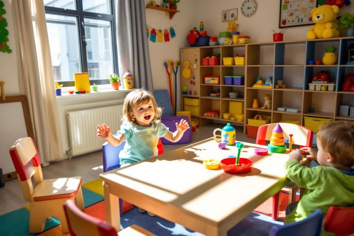 Deux enfants &agrave; une table color&eacute;e, entour&eacute;s de jouets et &eacute;tag&egrave;res