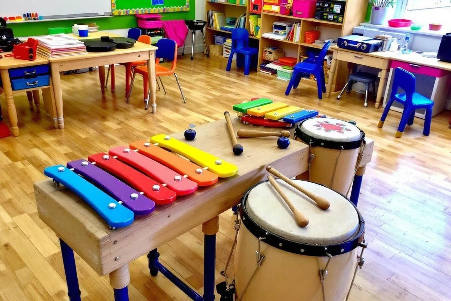 Xylophone color&eacute; et tambours dans une salle de classe