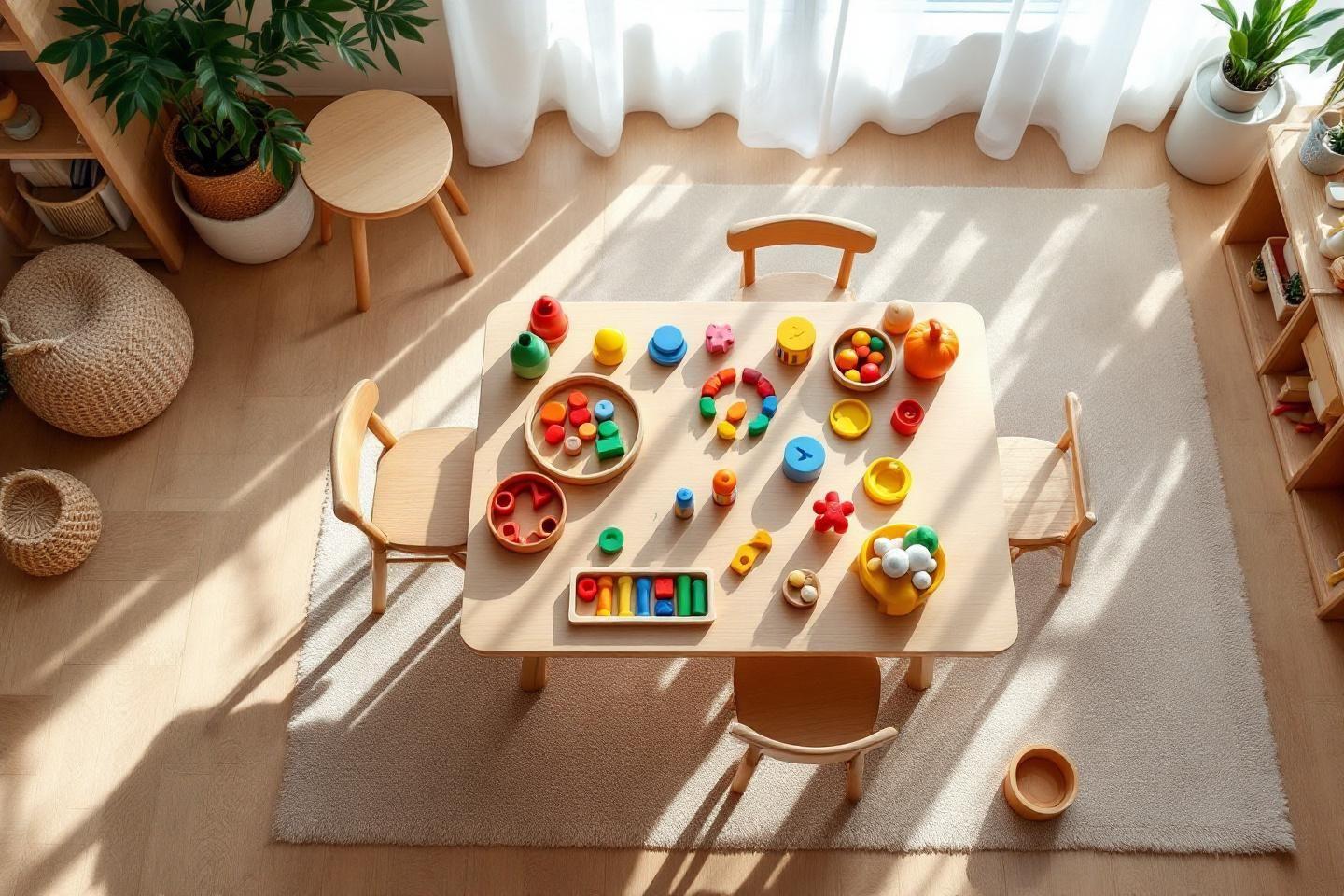 Table en bois avec jouets color&eacute;s et &eacute;ducatifs pour enfants