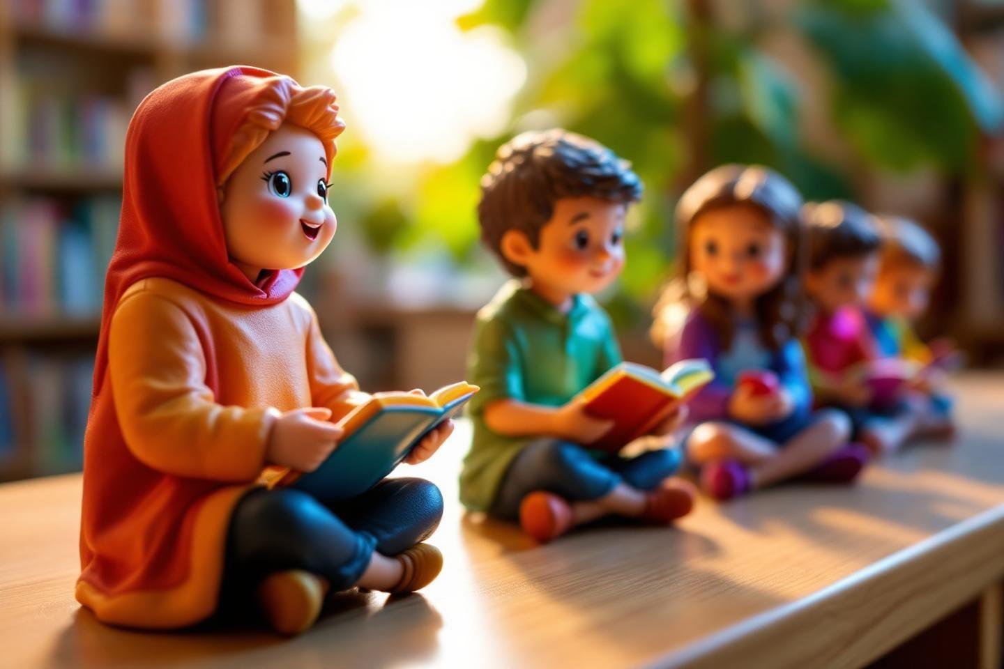 Figurines d'&eacute;coliers assis, lisant des livres dans une biblioth&egrave;que