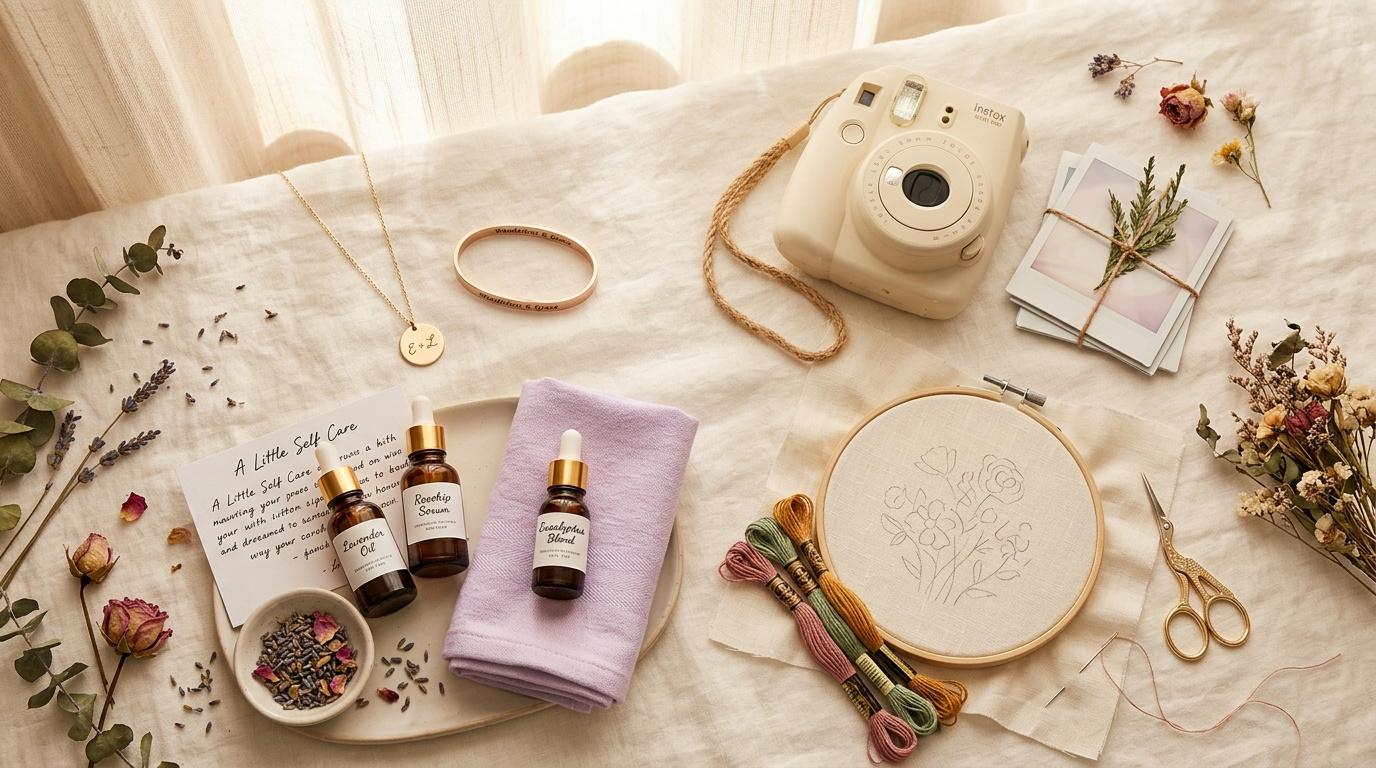 Arrangement de bien-&ecirc;tre avec appareil photo, fleurs s&eacute;ch&eacute;es et accessoires artisanaux