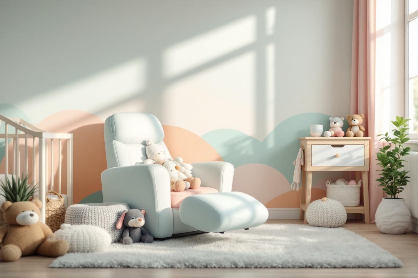 Fauteuil bleu, ours en peluche et d&eacute;cor mural doux