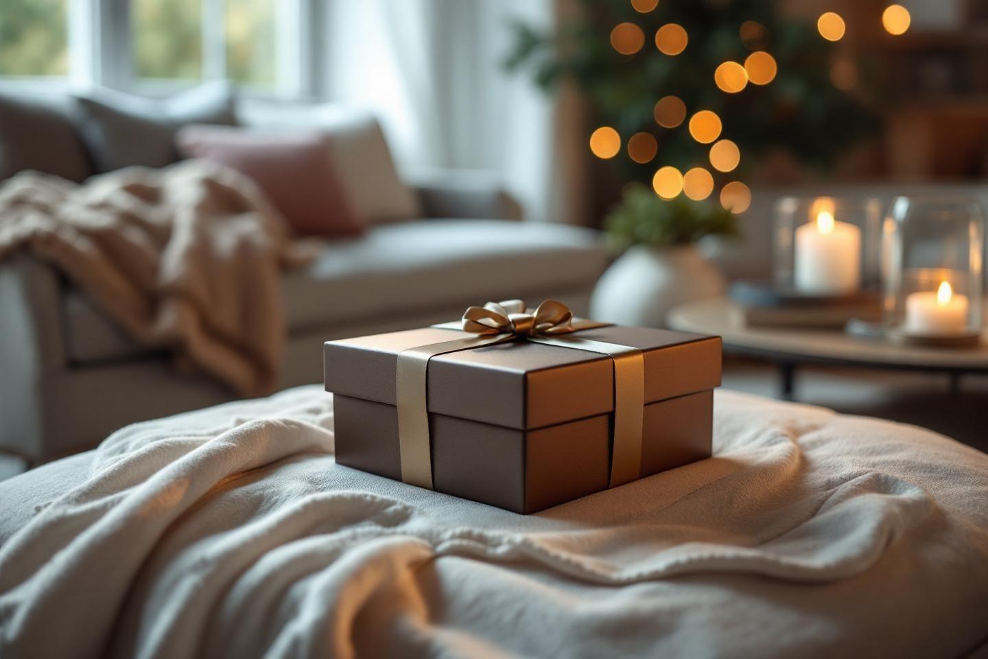 Bo&icirc;te cadeau dor&eacute;e sur couverture moelleuse pr&egrave;s des bougies