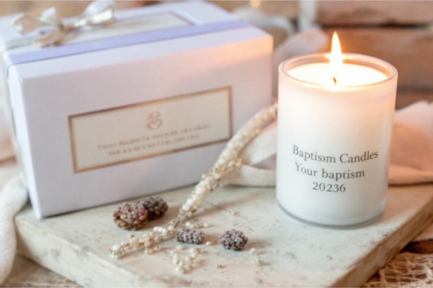 Bougie blanche comm&eacute;morative avec bo&icirc;te et petits objets d&eacute;coratifs