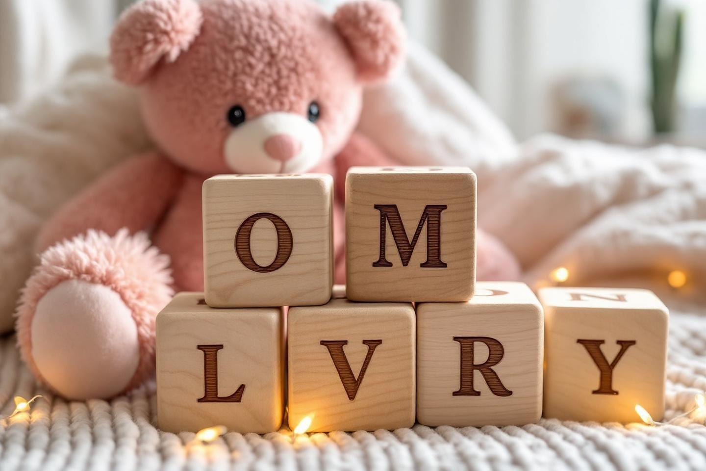 Cubes en bois avec lettres, nounours rose et lumi&egrave;res douces