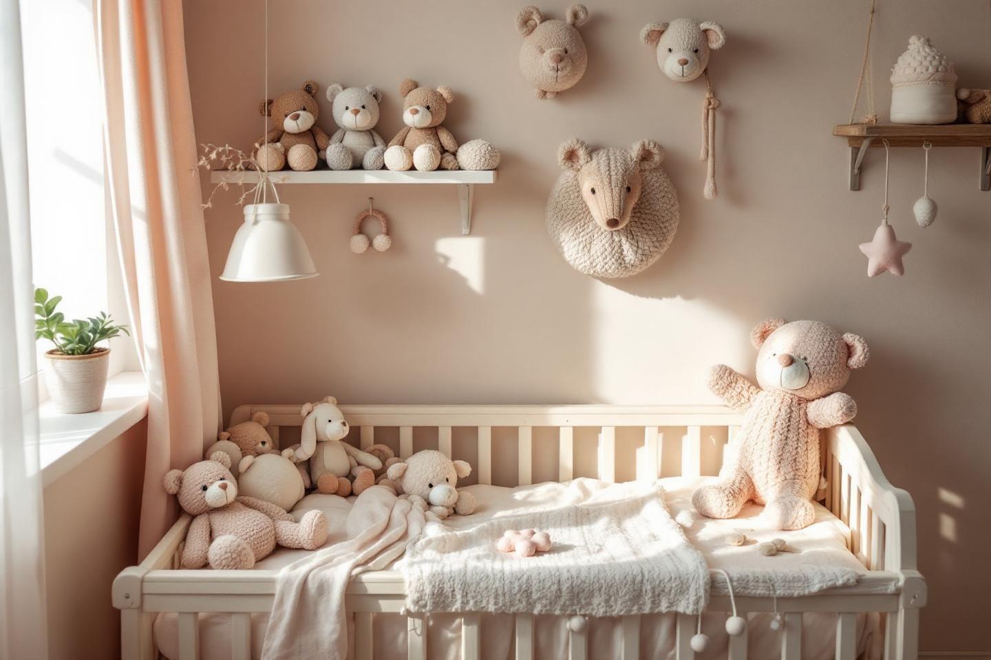 Lit d'enfant avec nombreuses peluches beiges et blanches