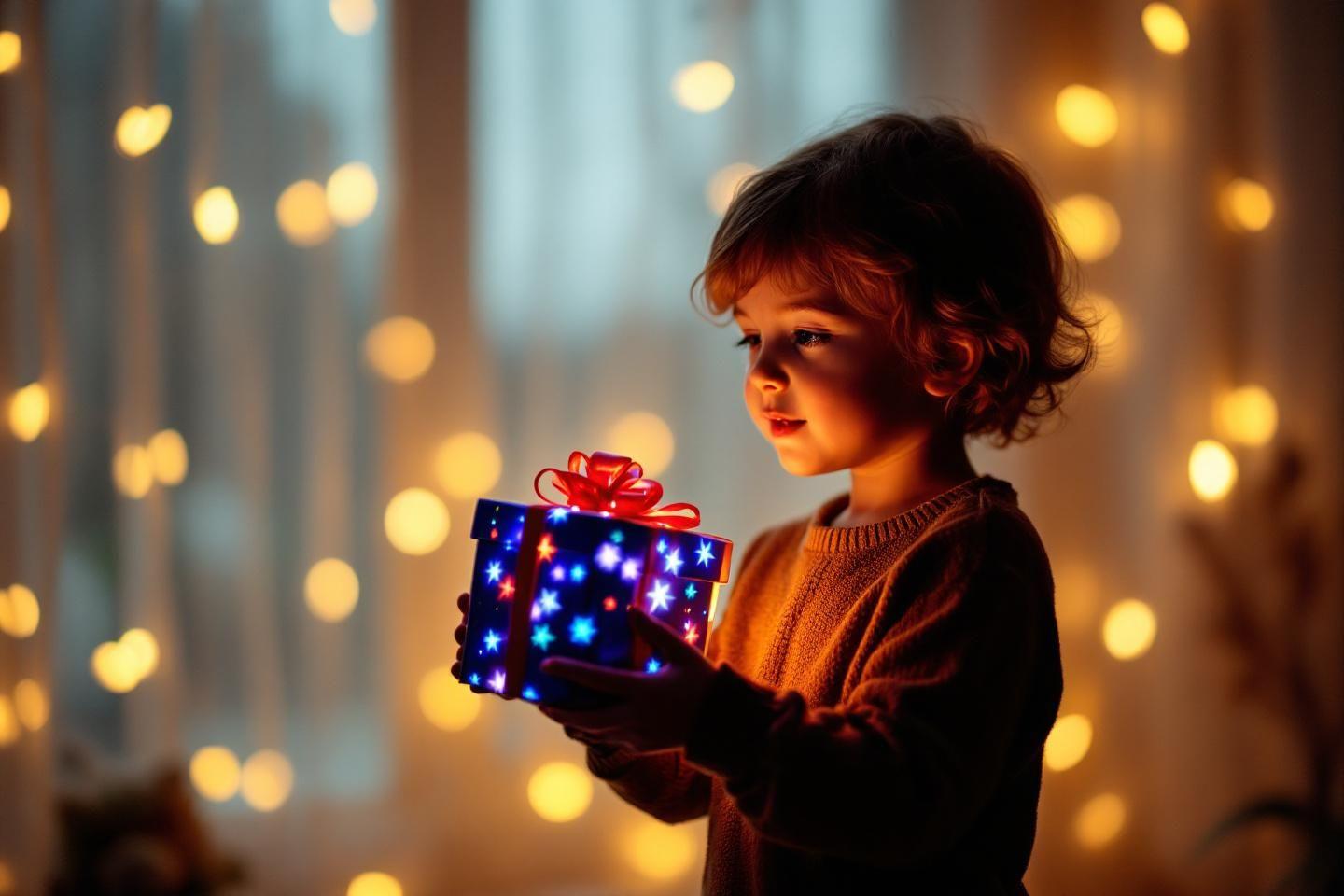 Jeune enfant tenant un cadeau brillant dans une ambiance f&eacute;&eacute;rique