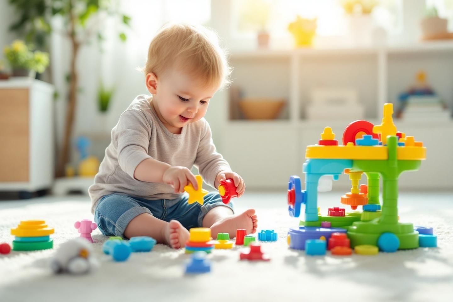 Jeune enfant concentr&eacute; sur des jouets &eacute;ducatifs multicolores