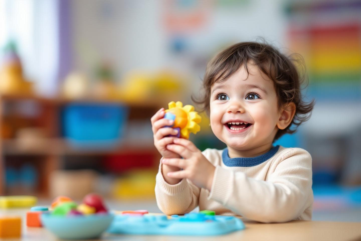 Tout-petit joyeux tenant un jouet color&eacute; &agrave; la garderie