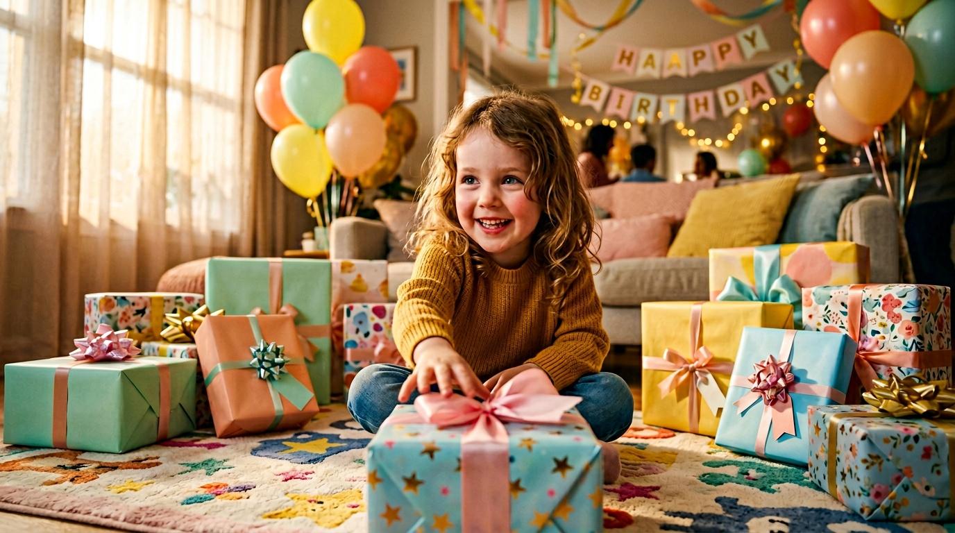 Petite fille souriante entour&eacute;e de cadeaux color&eacute;s et ballons