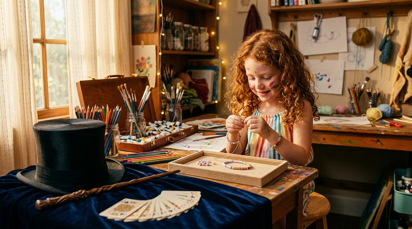 Jeune fille aux cheveux roux cr&eacute;ant des bracelets dans un atelier d'art