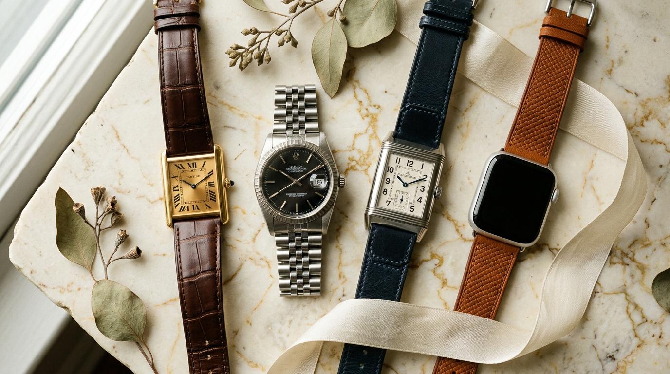 Quatre montres &eacute;l&eacute;gantes sur marbre avec d&eacute;coration florale