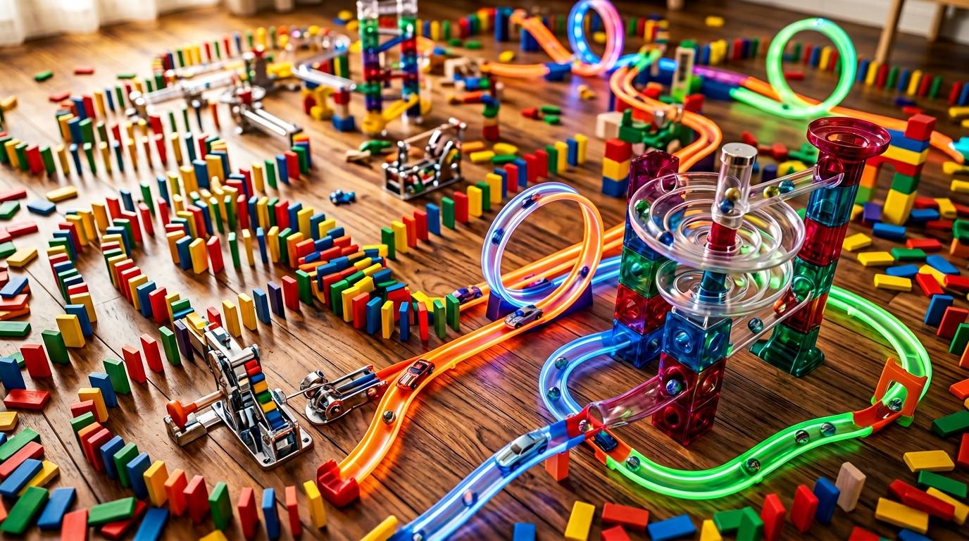 Circuit dominos multicolores avec tubes n&eacute;on et petites voitures