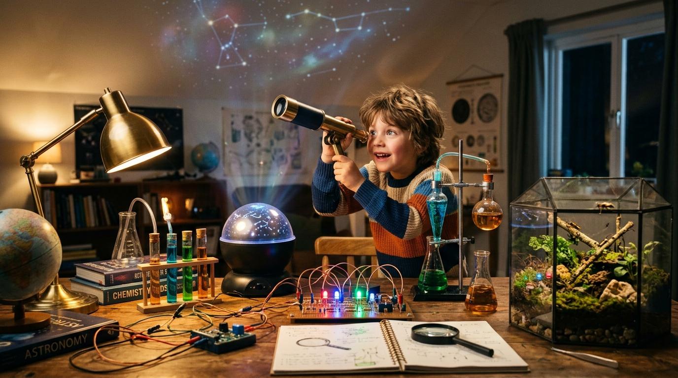 Enfant avec t&eacute;lescope dans un laboratoire scientifique color&eacute;