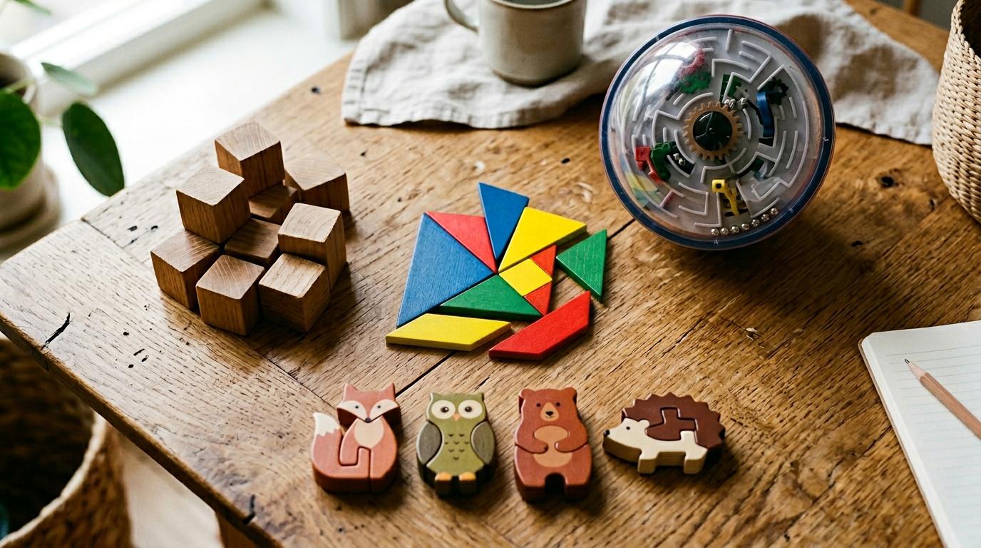Puzzles et jeux color&eacute;s dispos&eacute;s sur une table rustique