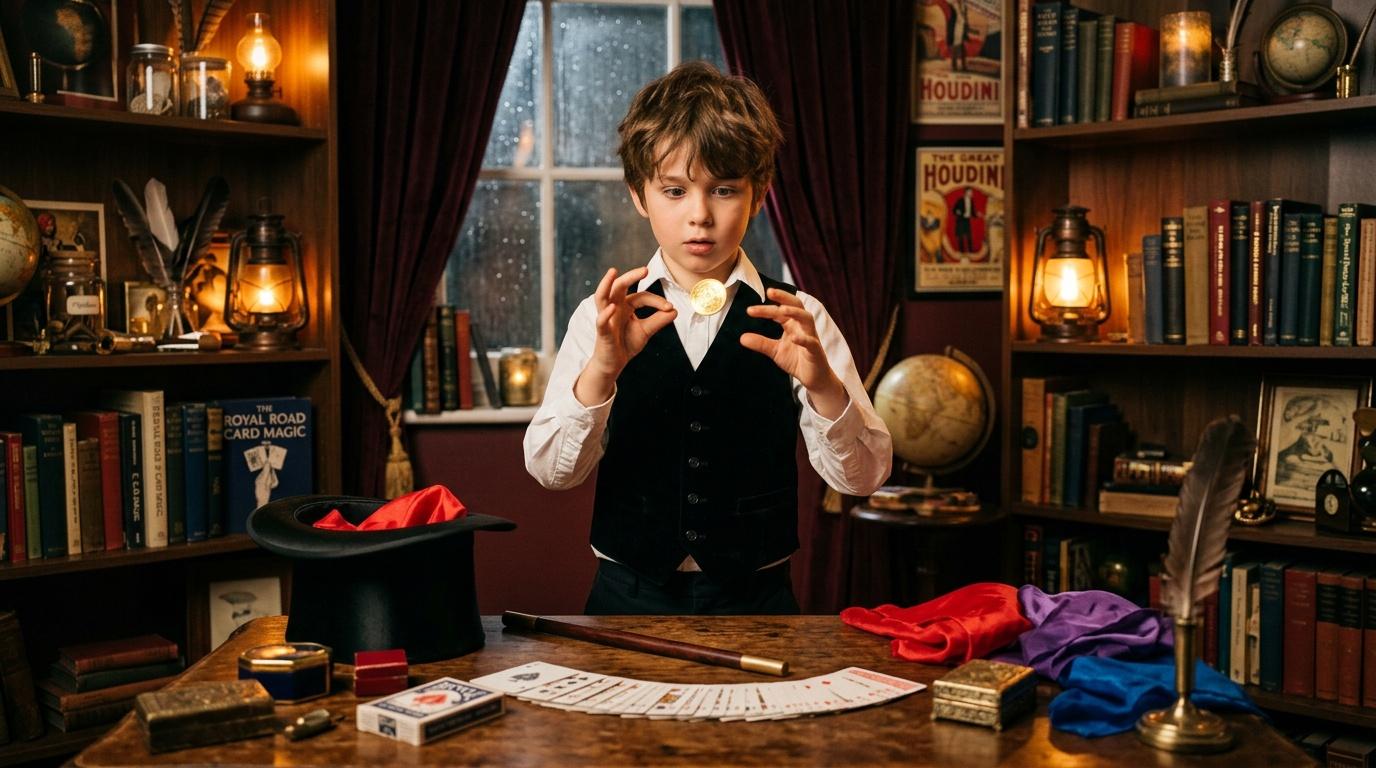 Enfant en costume pratiquant la magie avec accessoires