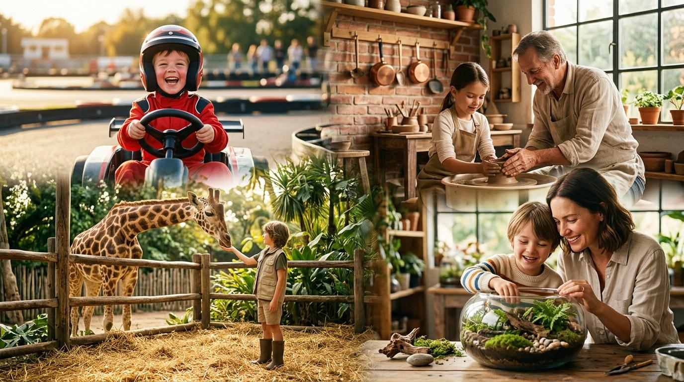 Enfants jouant au go-kart, pottery et terrarium en famille