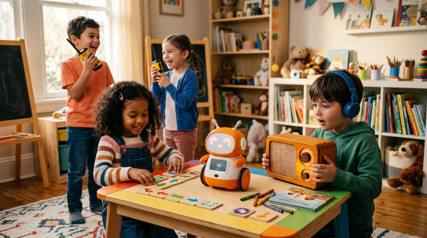 Enfants dans une salle de classe color&eacute;e avec des jouets technologiques interactifs