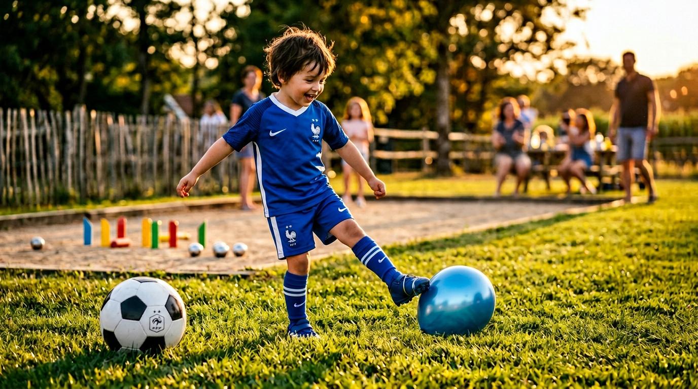 Jeune gar&ccedil;on en tenue bleue jouant au football dans un parc