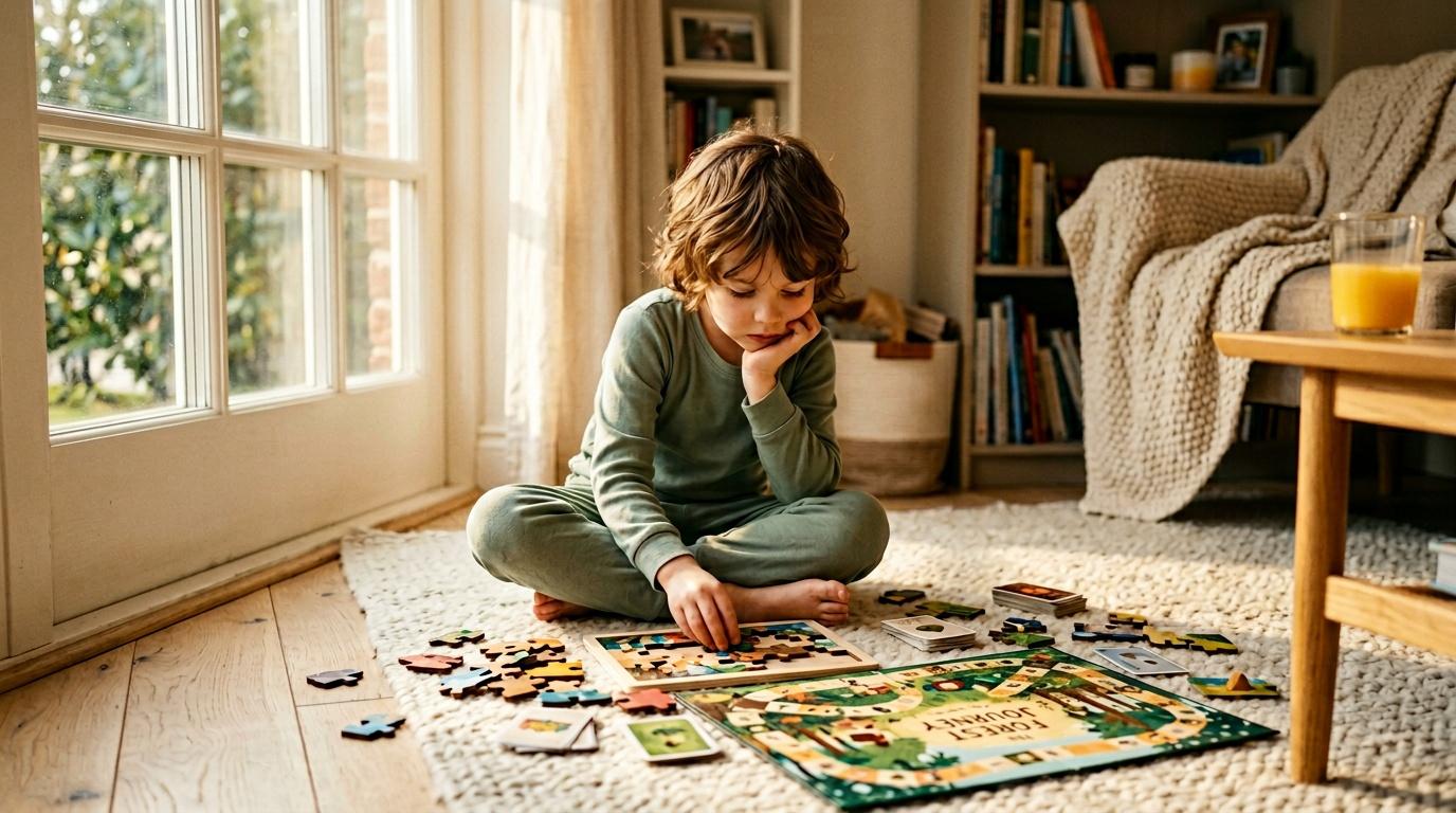 Jeune enfant assis sur un tapis, concentr&eacute; sur un puzzle