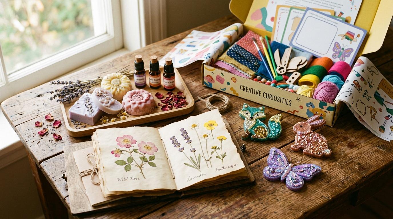 Table avec fournitures cr&eacute;atives, fleurs s&eacute;ch&eacute;es et projets artisanaux