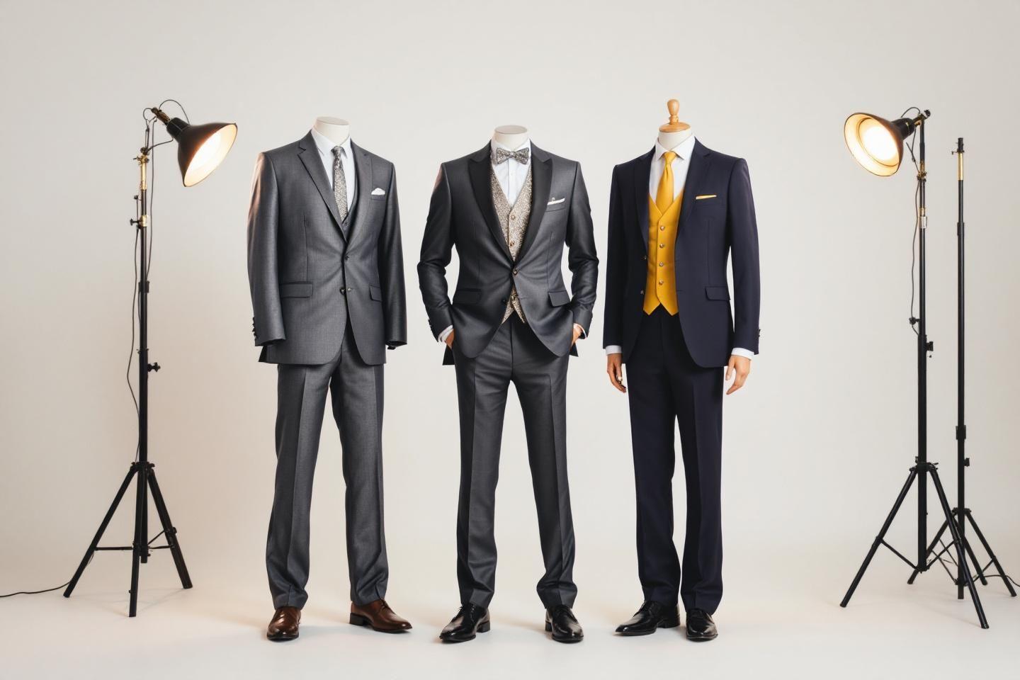 Trois mannequins portant des costumes diff&eacute;rents dans un studio