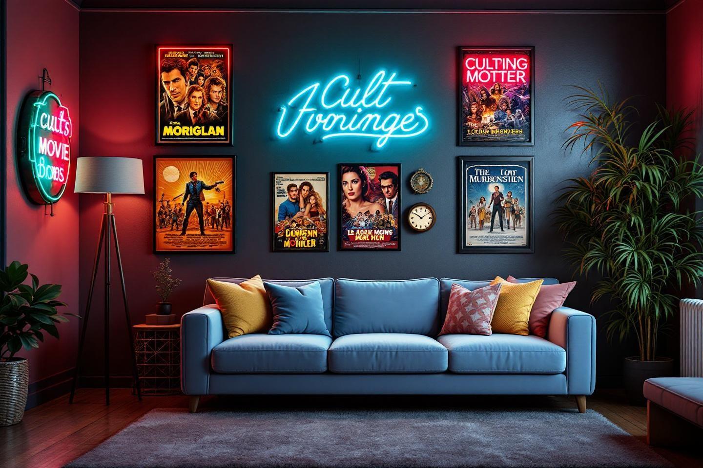 Canap&eacute; bleu entour&eacute; d'affiches de films r&eacute;tro et n&eacute;on