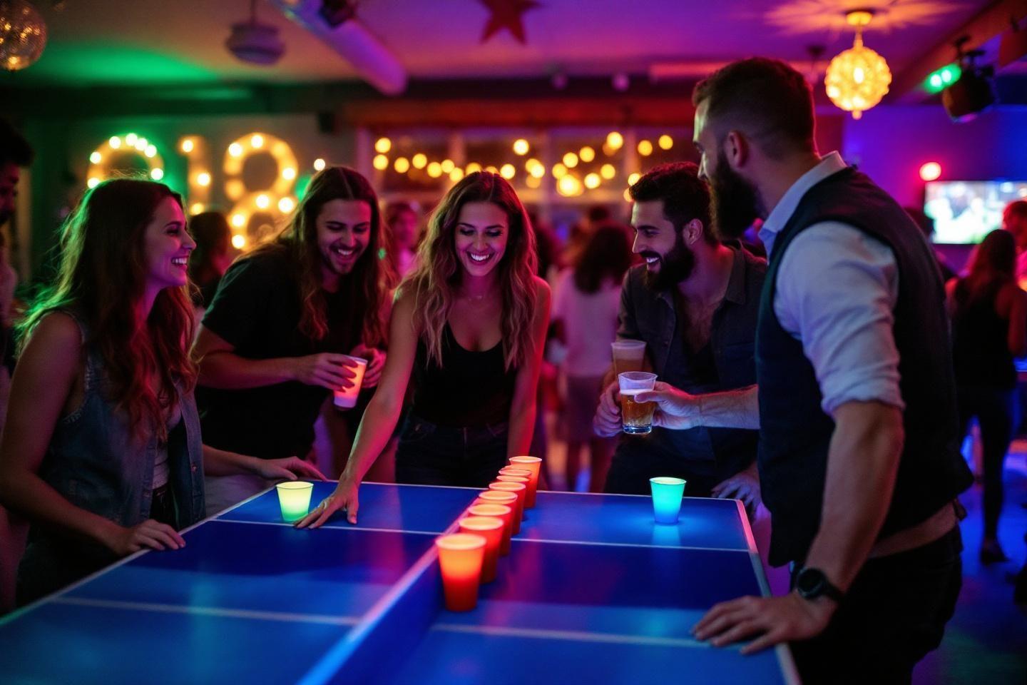 Groupe jouant au beer pong dans un bar color&eacute; et anim&eacute;