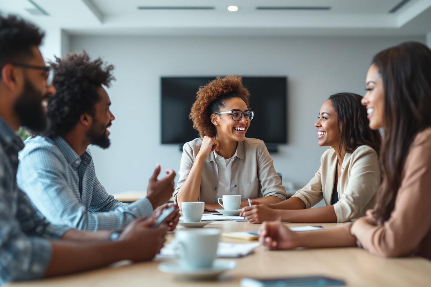 Coll&egrave;gues discutant autour d'une table avec des tasses &agrave; caf&eacute;