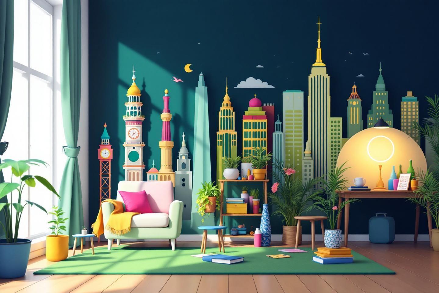 Int&eacute;rieur de salon avec vue sur des gratte-ciels stylis&eacute;s color&eacute;s