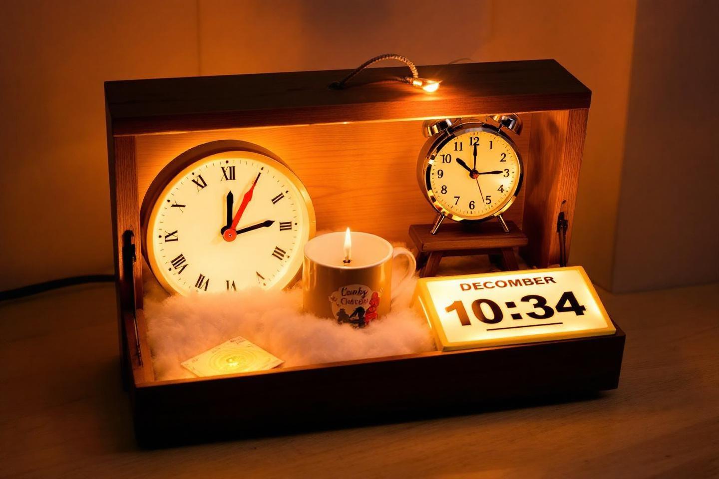 Deux horloges, une bougie et un affichage num&eacute;rique dans un coffret
