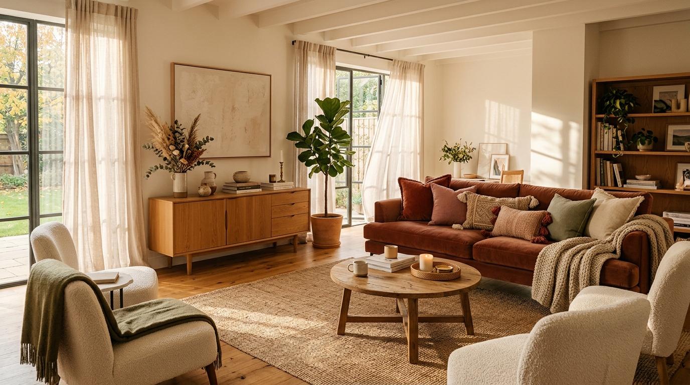 Salon lumineux avec canap&eacute; marron, fauteuils beiges et mobilier bois naturel