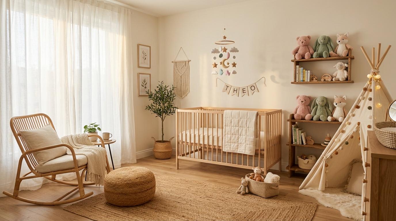 Nurserie d&eacute;cor&eacute;e dans tons naturels avec mobilier bois