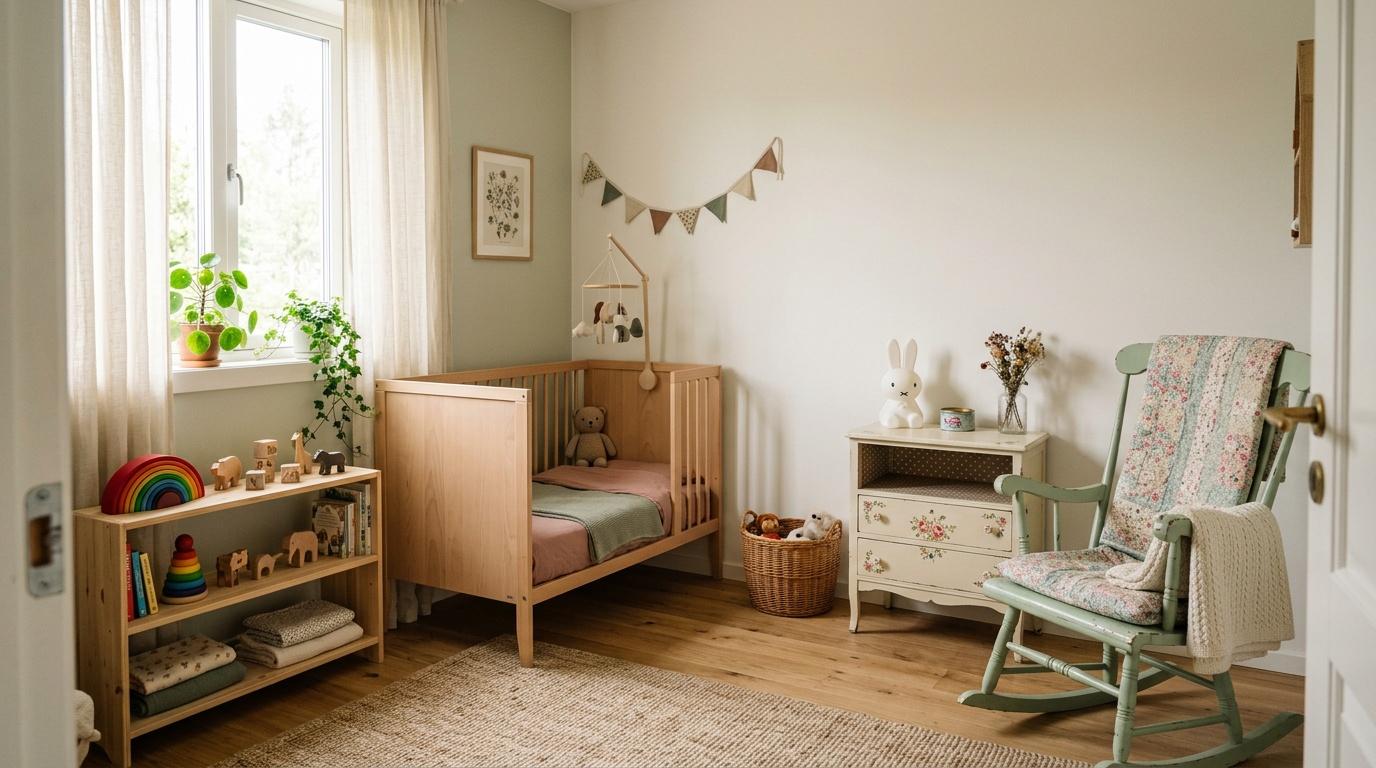 Chambre b&eacute;b&eacute; avec mobilier bois, d&eacute;coration douce et plantes vertes