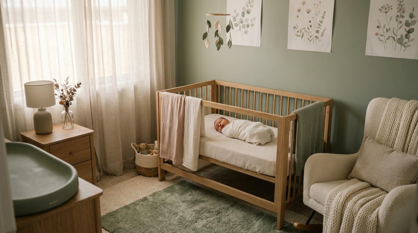 Nursery avec berceau en bois, fauteuil et d&eacute;coration v&eacute;g&eacute;tale
